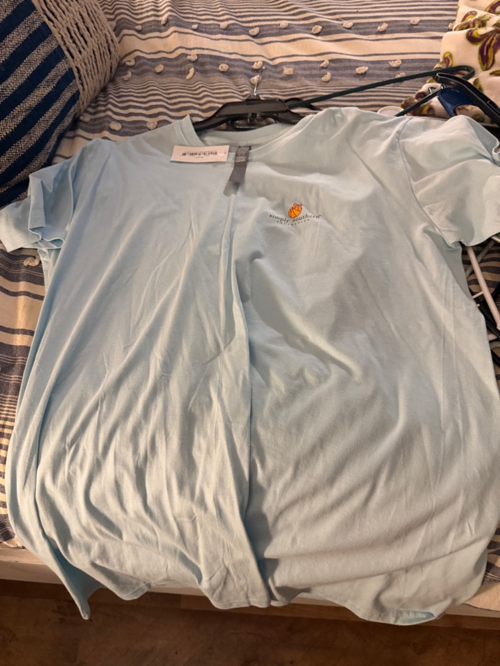 Simply southern basketball mom tee Light Blue Graphic Tee with Small Orange Logo